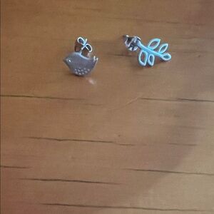 Whimsical Silver Bird and Leaf Earrings for Kids